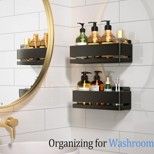 Shower Caddy,2-Pack Shower Shelf,no Drill Shower Organizer(Black) | Large Capacity No-Drill Bathroom Organizer,Aluminum Storage Basket, Adhesive Installation