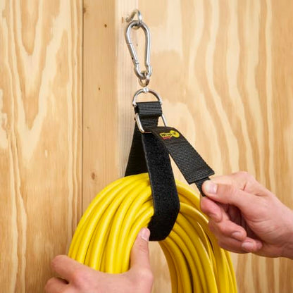 Hook 'n Hang Wrap-It Storage Straps - 18" (2-Pack) Black | Carabiner Straps to use as an Extension Cord Holder with Hooks