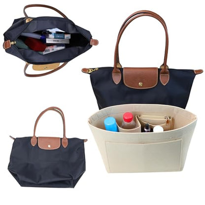 Purse Organizer Insert for Longchamp, Premium Felt Long Champ Le Pliage Handbag Organizer Large beige