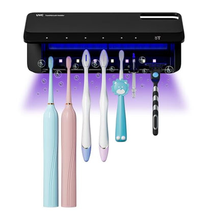 UV Toothbrush Sanitizer Holder with 360° Disinfection, Mold & Odor Removal | Auto-Cycle UVC, Timer Function & Fan Drying | Wall Mounted 5+1+1 Slot Toothbrush Holders for Bathrooms,Toothbrushes & Razor