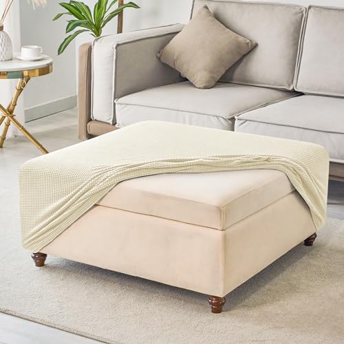 ANWUCHEN Ottoman Cover - High Stretch Knitted Jacquard Fabric, Medium Beige, Square, Furniture Cover Type, for Seating Stool, 18x30x25 inches, 0.45 lbs, Protective, Washable, Anti Slip