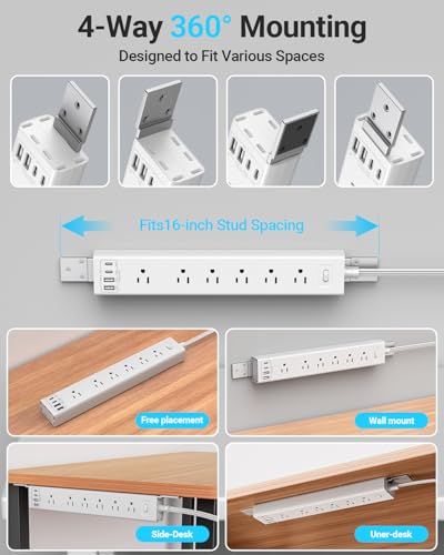 360° Mountable Surge Protector Power Strip with 4 USB Ports (2 USB C), 6 FT Electrical Outlet & Flat Plug Extension Cord for Under Desk, Wall, or Corner Mount (White)