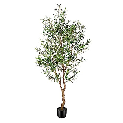 7ft Faux Olive Tree with Natural Olive Branches & Realistic Leaves | Fake Potted Olive Silk Tree with Sturdy Base - Realistic Olive Trees Artificial Indoor for Modern Home Entryway Office Decor