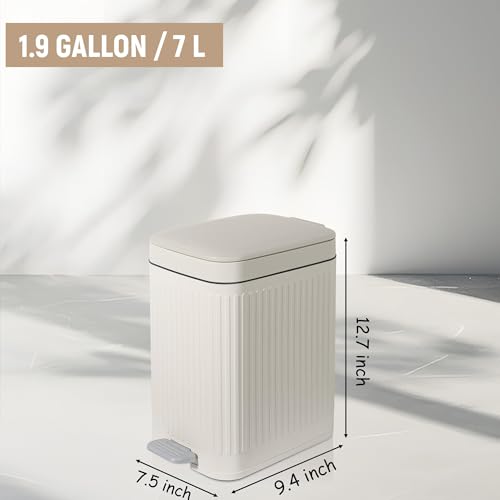 Small Bathroom Trash Can with Lid, 1.9 Gallon Slim Soft Close Step, Cream | Garbage Can with Pedal for Office, Bedroom, Kitchen & Living Room, Narrow Plastic Wastebasket Container for Small Spaces