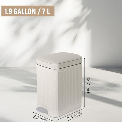 Small Bathroom Trash Can with Lid, 1.9 Gallon Slim Soft Close Step, Cream | Garbage Can with Pedal for Office, Bedroom, Kitchen & Living Room, Narrow Plastic Wastebasket Container for Small Spaces