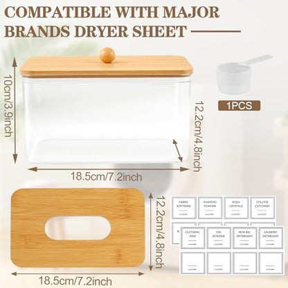 Dryer Sheet Holder, Clear Dryer Sheet Dispenser with Bamboo Lid | 16 Labels and Scoops, Dryer Ball Storage, Clothespin Holder, Laundry Pod Holder, Countertop Organizer for Laundry Rooms