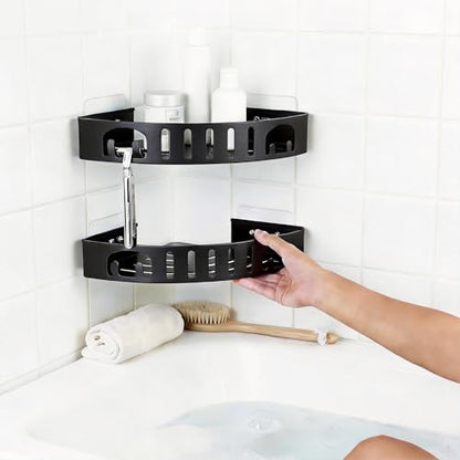 Adhesive Corner Shower Caddy with Hooks,No Drill Aluminum Shower Shelf 2PCS | Rustproof aluminum corner shower shelf with hooks,providing organized storage for shampoo,soap,razors and bathroom essentials