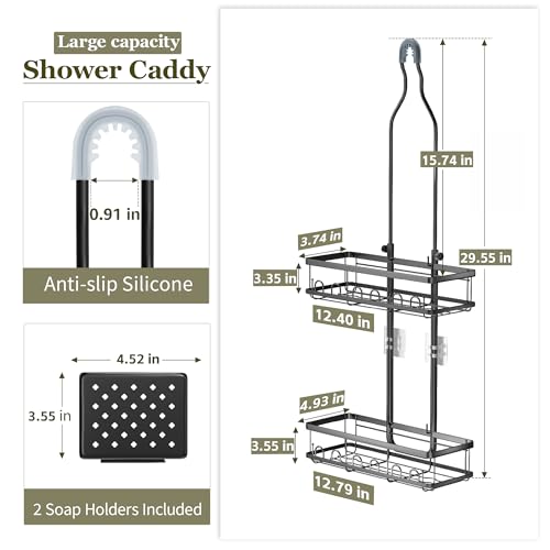 Skyapex Shower Caddy Hanging Over Shower Head, Adjustable, Black | Adjustable height fits tall bottles up to 18 inches; anti-sway design holds 40 lb; quick-drain steel; includes 2 soap trays.