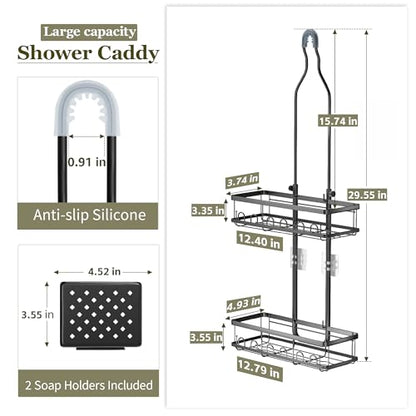 Skyapex Shower Caddy Hanging Over Shower Head, Adjustable, Black | Adjustable height fits tall bottles up to 18 inches; anti-sway design holds 40 lb; quick-drain steel; includes 2 soap trays.