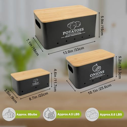 Kitchen Vegetable Storage Set of 3, Metal Onion Garlic Potato Storage Set, Kitchen Canisters Vegetable Keeper Containers with Aerating Holes and Bamboo Lid,Black
