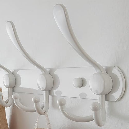 Wall Mounted Coat Rack - 5 Tri Hooks, Heavy Duty, Stainless Steel, Metal Coat Hook Rail for Coat Hat Towel Purse Robes Mudroom Bathroom Entryway (White, 2 Packs)