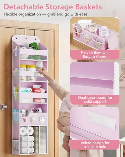 5-Tier Over the Door Organizer, Baby Clothes Organizer for Nursery | with Removable Storage Caddy, Clear Pockets, Side Mesh Compartments, Hanging Behind Door Storage, Damage-Free Installation