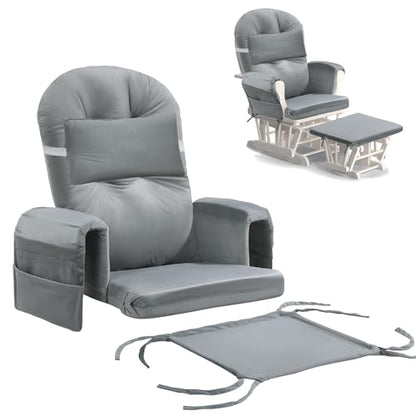 6 PCS Glider Rocker Replacement Cushions with Storage Side Pocket,Foam & Microfiber Filling, Non-Slip & Washable,Thickened & Supportive Velvet Rocking Chair Cushion Set(Gray)