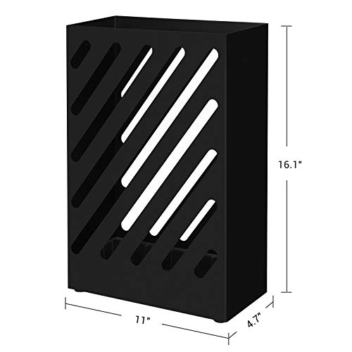 SONGMICS Metal Umbrella Stand, Rectangular Umbrella Holder Rack, with a Removable Drip Tray, 4 Hooks, Hollow-Out Design, for Entryway, Office, Black ULUC03BK