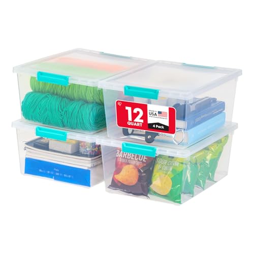 IRIS USA Storage Bins with Lids |Made in USA| 12 Qt - (4-Pack) - Clear | Sensory Craft Organizers, Plastic Clip Box Totes, Flat Containers for Organizing Paper, Office, Art & Study Supplies