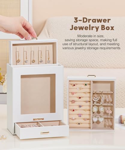 Homde Display Jewelry Box for Girls: Starter Organizer with Clear Window | Vertical Drawers for Earrings Rings Necklaces - Compact Footprint Fits Small Vanities - Birthday&Graduation Gift for Teens