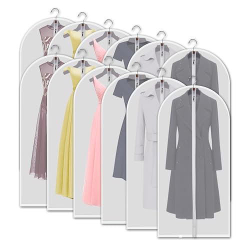 Hanging Garment Bags 12 Piece Set - 60 Inch Translucent Dust Proof Clothes Bag White Breathable Full Zipper Dust Cover for Suit Dance Costumes Gown Dress.