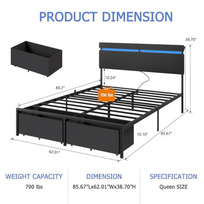 Forestell Queen Bed Frame with Wood Headboard,2 Storage Drawers & Shelf