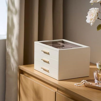 Jewelry Box Organizer Storage Case, 3-Layer with Glass Window, White | Ivory Leather with Pink Velvet, Holder for Ring Necklace Bracelet Brooch Watch, Great Gift for Her