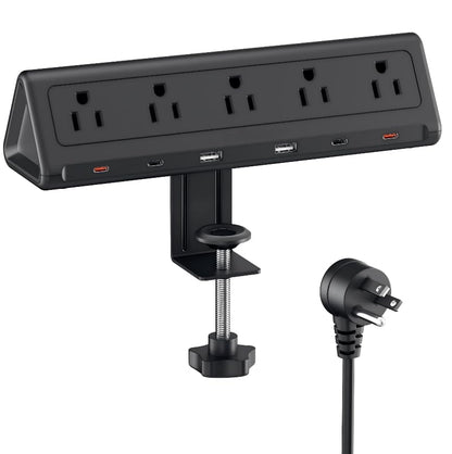 6.5 FT Desk Clamp Power Strip with 5 AC Outlets & 6 USB Ports PD 40W USB-C Fast Charging, Extension Cord with Multiple Outlets, Fits 2.1 in top Edge Black