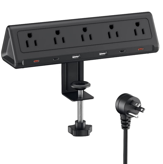 6.5 FT Desk Clamp Power Strip with 5 AC Outlets & 6 USB Ports PD 40W USB-C Fast Charging, Extension Cord with Multiple Outlets, Fits 2.1 in top Edge Black