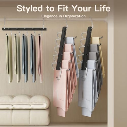 4 Pack Pants Hangers Space Saving,Closet Hanger Space Saver,Black | Stainless Steel , 5 Multi Tiers,Compact Hanging Jeans Organizer,Vertical Pant Rack for Jean Leggings Trousers,Scarf
