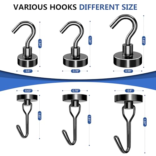 Magnetic Hooks, Mixed Sizes 10-Pack Black Heavy Duty Strong Magnet Hook Set for Refrigerator, Cruise Ship Cabin, Outdoor BBQ Grill, Kitchen & Garage (Medium 4 + Large 2 + Max 4)