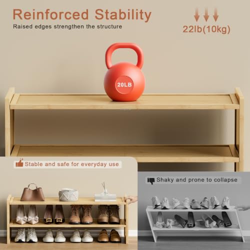 2 Tier Bamboo Shoe Rack, Extended Wood Shelf for Closet | Extended length fits more pairs. 6.7in height holds boots. Versatile for plants, books, sundries.