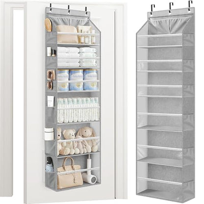 STORAGE MANIAC Over the Door Organizer 6-Shelf Closet Hanging Storage with 14 Mesh Pockets, 66lbs Capacity Clear Deep Pockets Behind Door Storage for Nursery, Bathroom, Bedroom, 1 Pack Grey