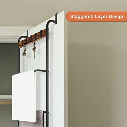 Over the Door Towel Rack Over The Door Towel Bar for Bathroom | Back of Door Towel Rack, 5 Tier Over The Door Towel Bar with Hooks, Black Door Rack Hanger, Stable Suction Cup Design