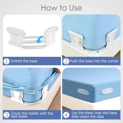 Fitted Sheet Holders, Bed Sheet Holders for Corners, 4 PCS Fitted Sheet Grippers with Lock Clips, Sheet Fasteners Secure Sheets for Twin, Full, Queen, King Beds