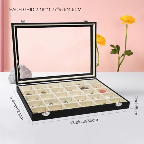 Stratalife 30 Grid Earring Organizer, Jewelry Holder Organizer with Lid | PU Leather Storage Box for Earring, Ring, Studs and Trinkets, Soft Velvet Drawer Organizer for Women, Dustproof, Beige Black