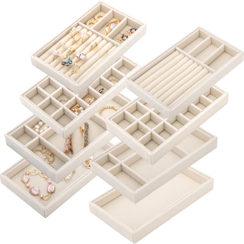 Elsjoy 8 Pack Velvet Jewelry Trays, Stackable Jewelry Organizer Trays for Drawers, Beige Jewelry Storage and Display Tray Inserts for Necklaces, Rings, Earrings