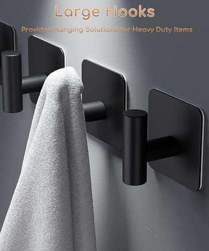Aikzik 4 Pack Large Heavy Duty Wall Hooks - 26lb Max, Stainless Steel Adhesive Towel Hook, Shower Hooks for Hanging Towel, Coat, Robe, Wall Hook for Use in Bathroom, Kitchen and Door, Matte Black