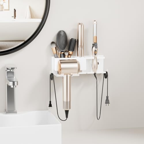 Hair Dryer Holder Hot Tools Organizer, Blow Dryer Holder Wall Mount, Bathroom Hair Tool Organizer Rack for Universal Dryer White