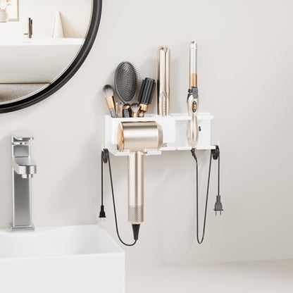 Hair Dryer Holder Hot Tools Organizer, Blow Dryer Holder Wall Mount, Bathroom Hair Tool Organizer Rack for Universal Dryer White