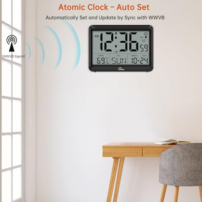 Self-Setting Atomic Digital Wall Clock with Auto DST | Battery Operated, Large Display with Temperature, Date and Day, 4 Time Zones, Wall Mount/Desktop Clock for Classroom, Office