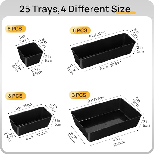 Vtopmart 25 Pack Plastic Drawer Organizers with Non-slip Rubber Pads | 4-Size Versatile Makeup Organizer, Storage Containers Small Bins for Makeup, Jewelries, Bedroom, Kitchen Utensils and Office