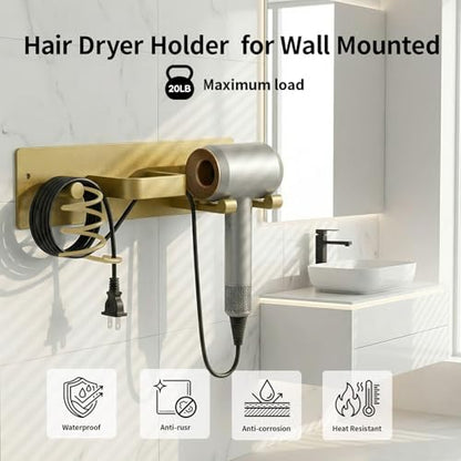 Hair Dryer Holder Hair Tool Organizer Metal Wall Mount (Gold) | Heat Resistant Hair Tool Organizer, Metal Wall Mount Storage, Bathroom Counter Space Saver, Blow Dryer Holder