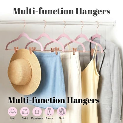 HOUSE DAY Pants Hangers with Clips 24 Pack, with Rose Gold Hook and Clips | Non Slip Velvet Flocked, Swivel Hook, Space Saving, Rubber Padded Clips, For Pants, Skirt, Shorts, Coat, Outfit - Pink