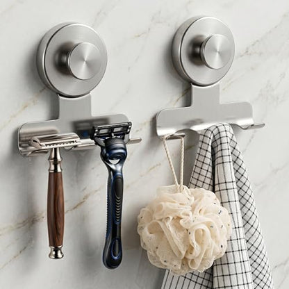 Suction Cup Razor Holder for Shower, Heavy-Duty 7KG Suction Hooks for Razor | WACXYBZ Towel, Loofah, Removable Damage-Free Metal Shower Hook, Shaver Holder, 2 Pack (Brushed Silver)