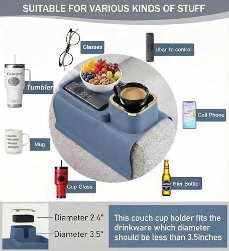 Luxury Gold Trim Couch Cup Holder Tray - Weighted Anti-Spill Navy Blue Silicone Sofa Armrest Organizer, Non-Slip Recliner Tray Table for Drinks, Remote, Phone - Fits Most Couch Arms