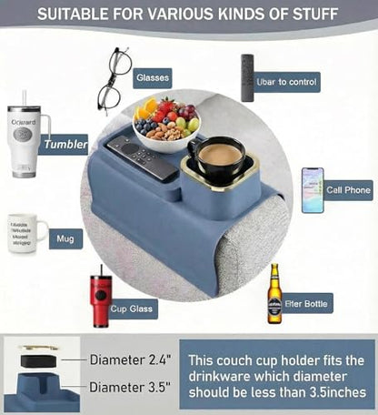 Luxury Gold Trim Couch Cup Holder Tray - Weighted Anti-Spill Navy Blue Silicone Sofa Armrest Organizer, Non-Slip Recliner Tray Table for Drinks, Remote, Phone - Fits Most Couch Arms