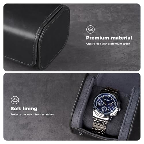 ProCase Watch Travel Case, Single PU Leather Watch Roll Box for Men, Black | Portable Watch Organizer, Anti-Shift Angled Pillow Track, Scratch Resistant Soft Lining, Ideal Gift for Him/Her