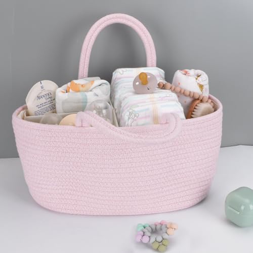 XUANGUO Pink Cotton Rope Baby Diaper Caddy Organizer Basket for Girls | Nursery Storage Bin, Portable Baby Tote Bag for Changing Table or Car, Baby Shower Gifts Bag, Newborn Essentials, Registry