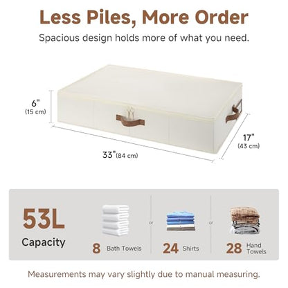 StorageWorks Underbed Storage Containers with Lids, 2-Pack 6" Low Profile Under Bed Organizers for Clothes, Bedding and Sweaters, 53L Large Fabric Storage Bins, Foldable Space Saving, Beige