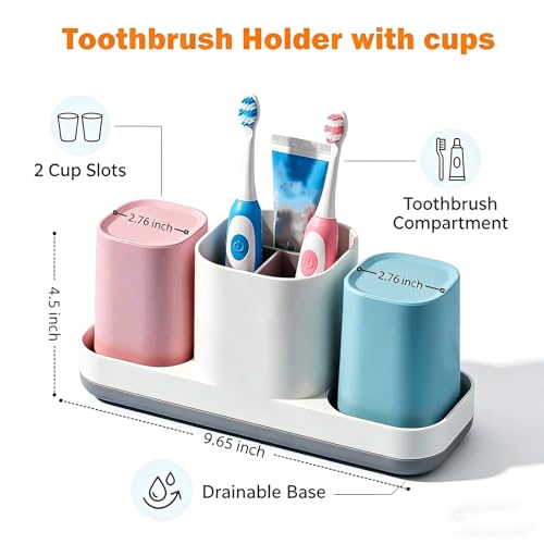 Toothbrush Holder for Bathroom, Kids Toothbrush Holder with Cups, Electric Toothbrush Holder for Bathroom Decor, Kids Bathroom Accessories Set with Toothpaste Holder, Pink & Blue