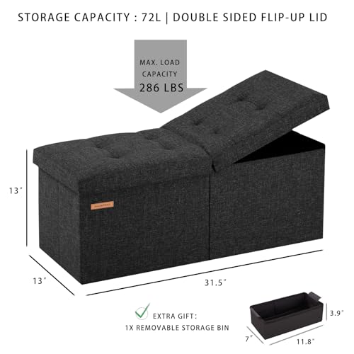 HAUSFRAU Ottoman with Storage Bench Folding Foot Rest Stool Linen Black | 31.5", Flip Lid, Small Upholstered Foldable Footrest Footstool, Bedroom Bench, Living Room Dorm Ottoman, Rectangle