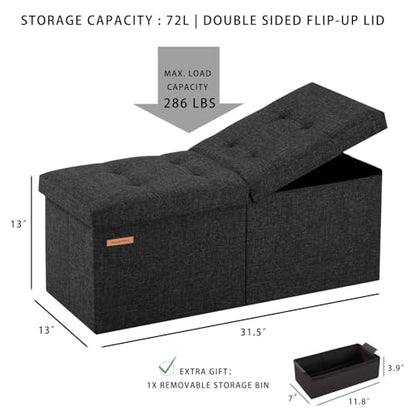 HAUSFRAU Ottoman with Storage Bench Folding Foot Rest Stool Linen Black | 31.5", Flip Lid, Small Upholstered Foldable Footrest Footstool, Bedroom Bench, Living Room Dorm Ottoman, Rectangle