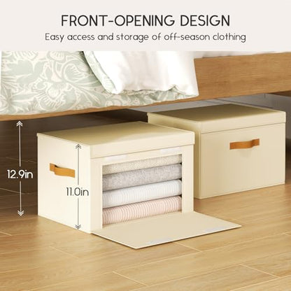 Large Storage Bins with Lids - Front Opening Fabric Storage Bins, Flap Closet Organizer with Handles, Collapsible Boxes with Lid, Decorative Basket for Home, Dorm, 2 Pack, Beige